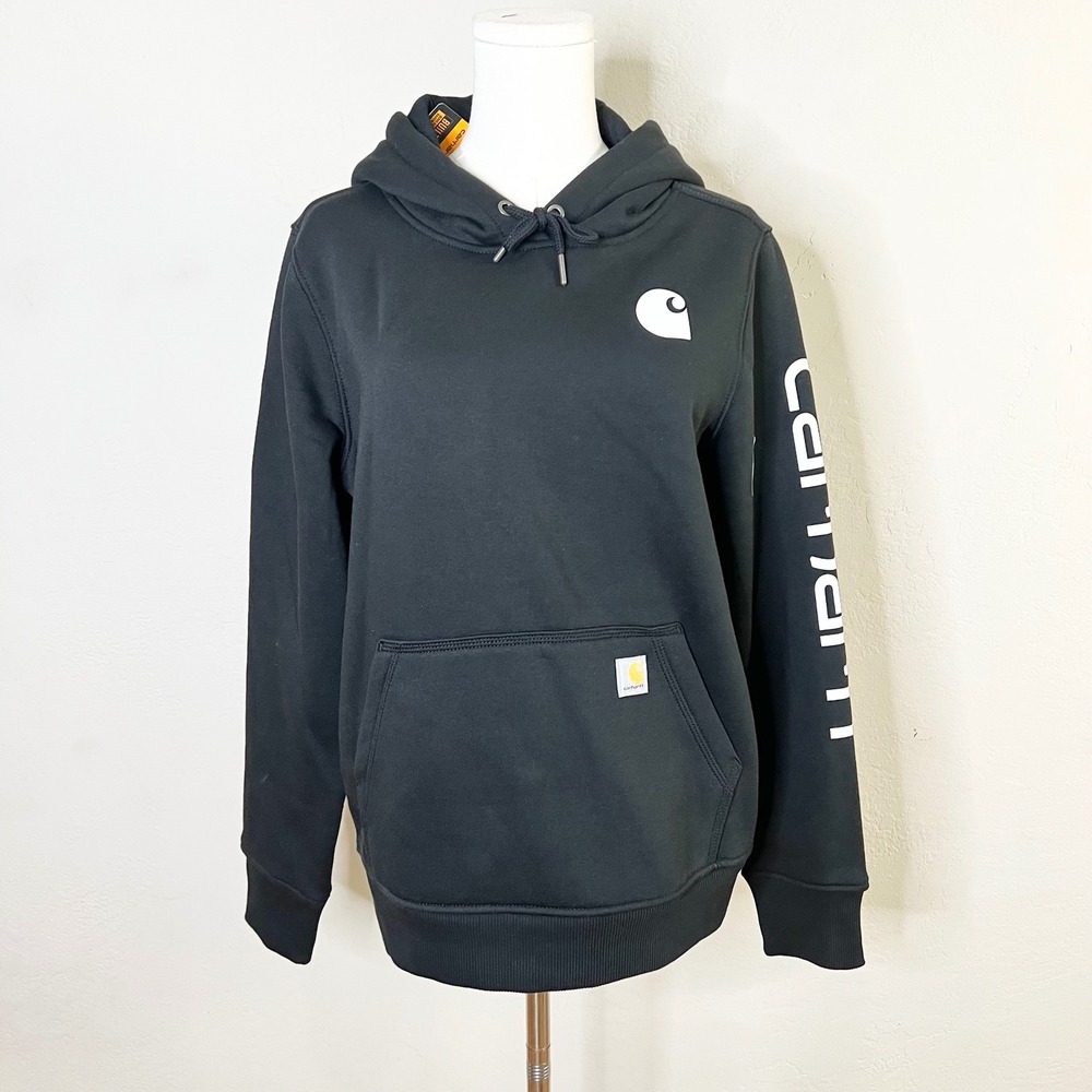 Carhartt Hoodie Relaxed Fit Midweight Logo Sleeve Graphic Women Size S Black NWT